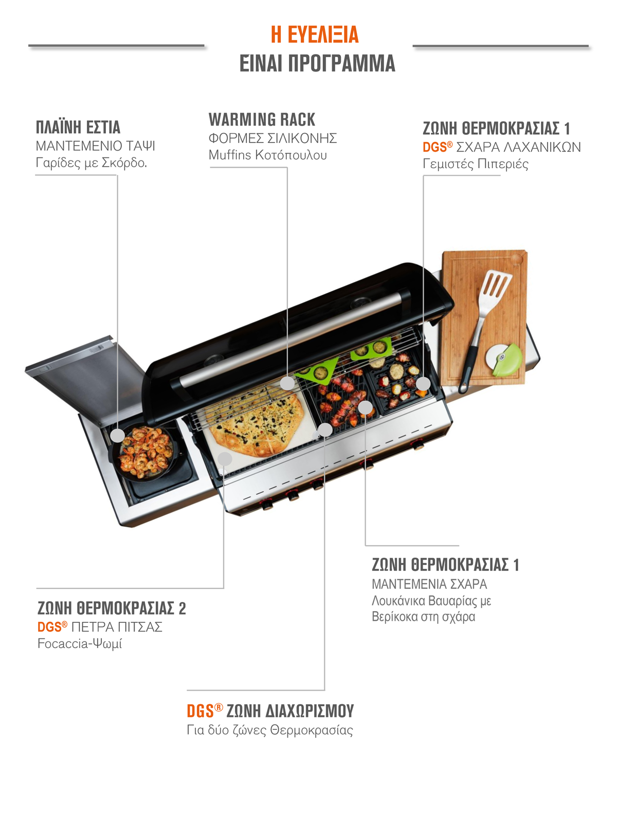 To Dual Gourmet System εγγυάται ομοιόμορφη κατανομή της θερμότητας σε όλο το θάλαμο της ψησταριάς.